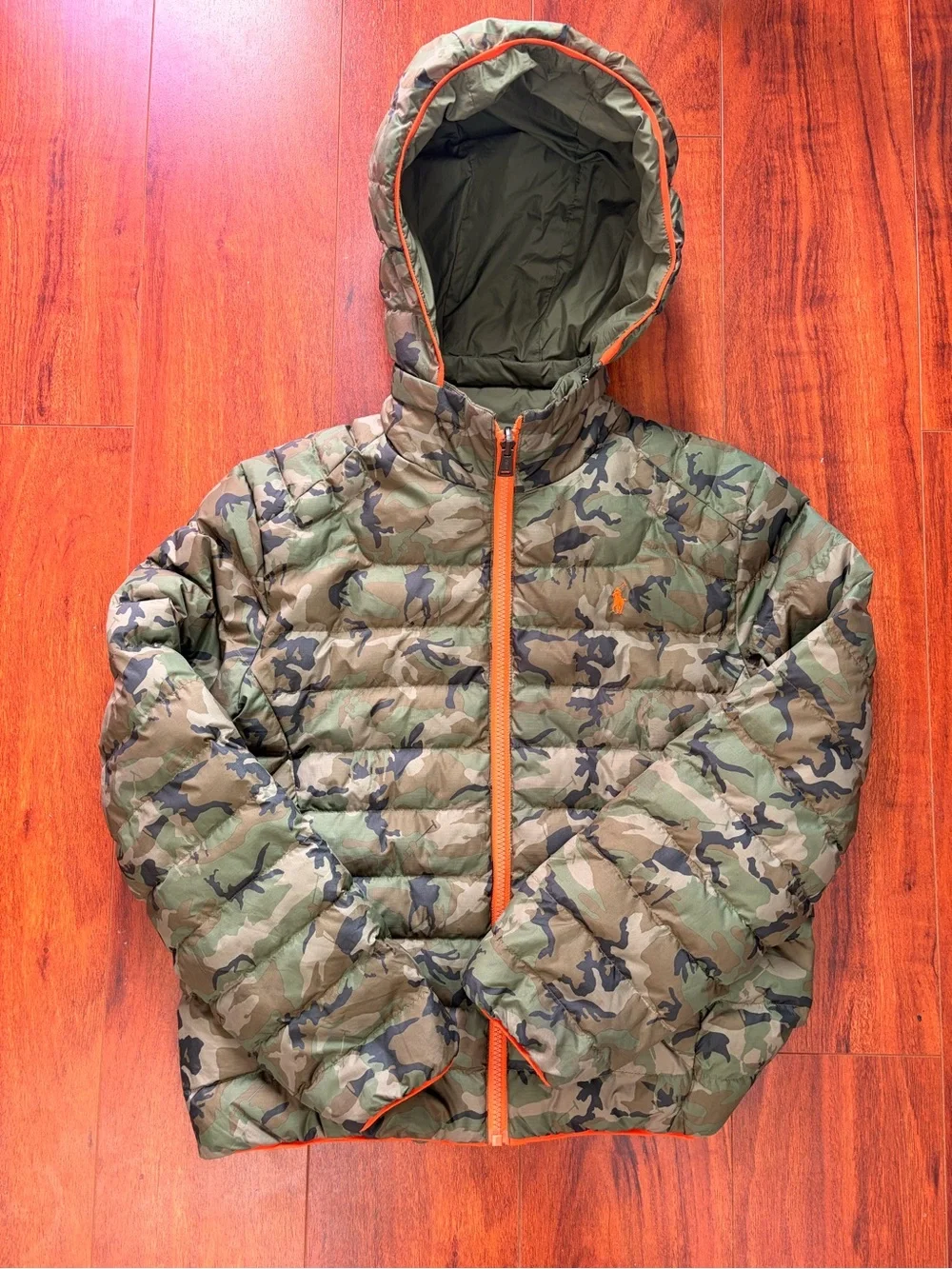 Ralph Lauren Boys Camo Puffer Jacket with Orange Trim